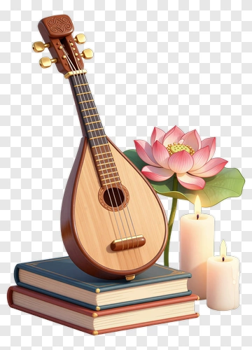 Musical Instrument With Lotus Flower And Candles PNG