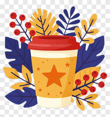 Coffee Cup Surrounded By Autumn Leaves And Berries PNG
