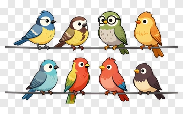 Colorful Cartoon Birds On A Wire PNG