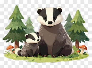 Cartoon Badger Family In A Forest PNG