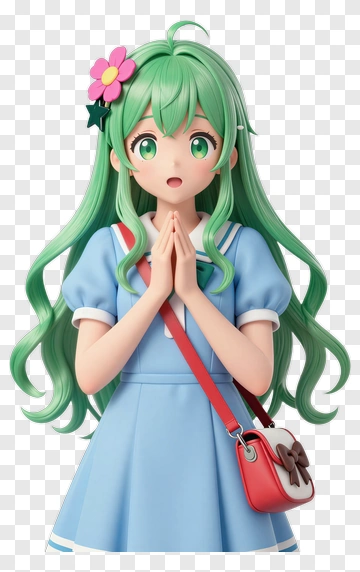 3D Girl With Green Hair Wearing A Blue Dress PNG