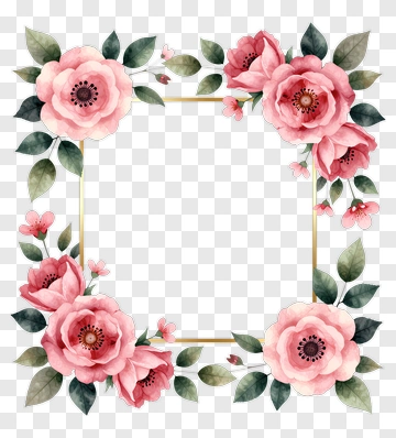 Floral Frame With Pink Roses And Green Leaves PNG