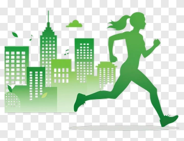 Green Woman Running In A Cityscape PNG