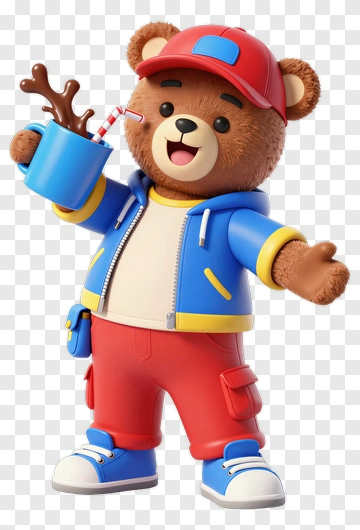 3D Cartoon Bear Holding A Drink PNG