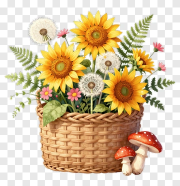 Flower Basket With Sunflowers And Mushrooms PNG