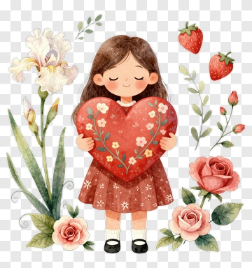 Girl Holding A Heart Surrounded By Flowers And Strawberries PNG