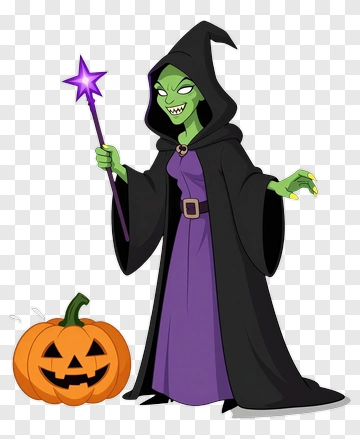 Cartoon Witch Holding A Magic Wand Next To A Pumpkin PNG
