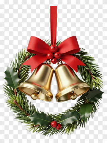 Christmas Wreath With Golden Bells And Red Ribbon PNG