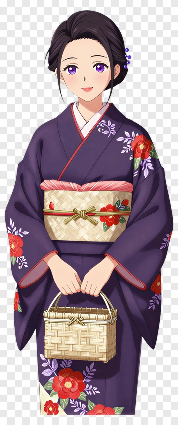 Woman In Kimono Holding A Woven Basket PNG