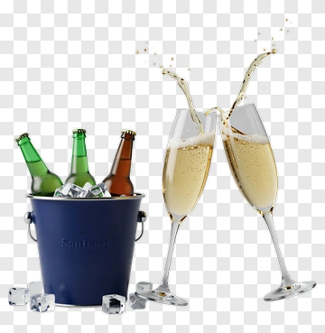 Champagne Glasses Clinking With Beer Bottles In Ice Bucket PNG