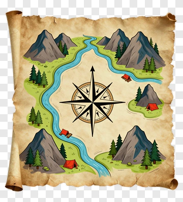 Cartoon Treasure Map With Compass And Mountains PNG