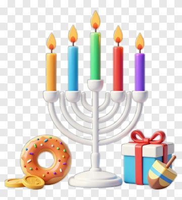 Colorful Menorah With Donut And Gift Box PNG