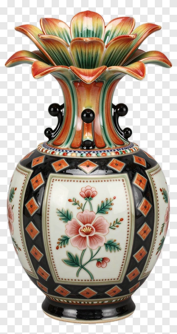 Decorative Floral Vase With Colorful Design PNG