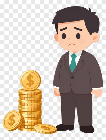 Cartoon Businessman Looking Sad Beside Stacks Of Coins PNG