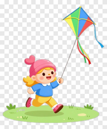 Cartoon Girl Flying A Colorful Kite PNG