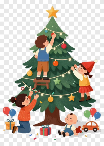 Children Decorating A Christmas Tree PNG