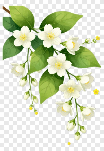 Flowering Branch With White Blossoms And Green Leaves PNG