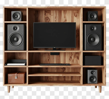Wooden Media Console With Speakers And Monitor PNG