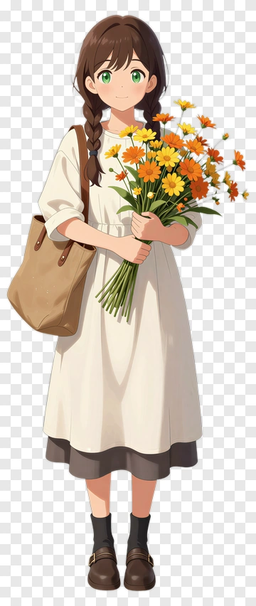 Girl Holding A Bouquet Of Flowers PNG