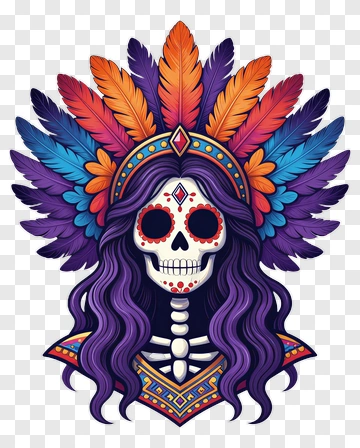 Colorful Skull With Feather Headdress PNG