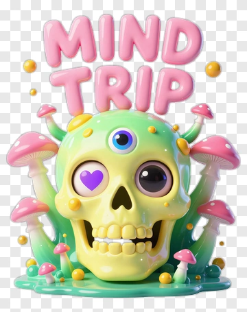 Cartoon Skull With Colorful Mushrooms And Mind Trip Text PNG