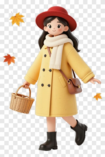 Cartoon Girl In Yellow Coat Holding A Basket PNG