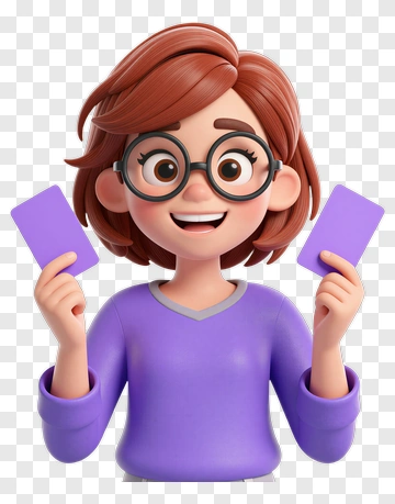 Cartoon Girl Holding Purple Cards PNG