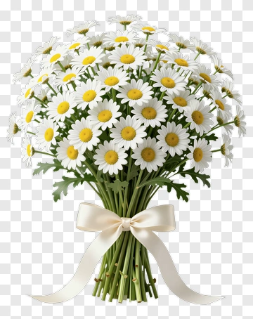 Flower Bouquet With White Daisies And Ribbon PNG