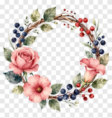 Floral Wreath With Pink Roses And Berries PNG