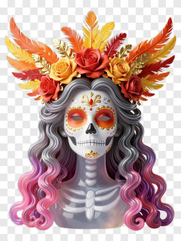 Colorful Skull With Floral Crown PNG