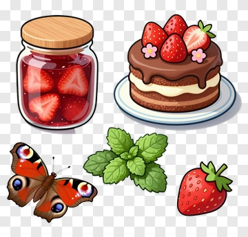 Strawberry Dessert Composition With Jar And Butterfly PNG