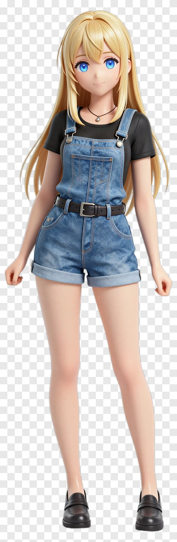 3D Female Character In Denim Overalls PNG