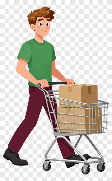 Cartoon Man Pushing A Shopping Cart With Boxes PNG