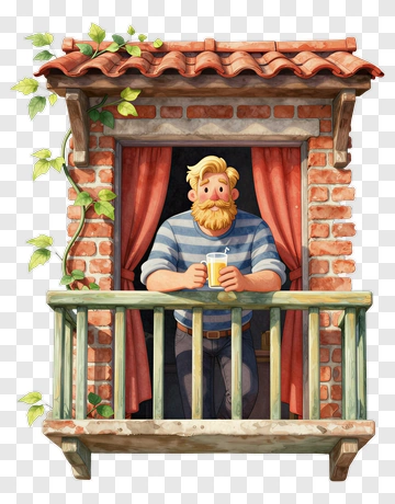 Man Standing On Balcony Holding A Drink PNG