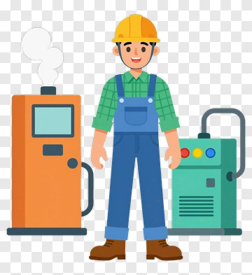 Cartoon Mechanic Standing Next To Equipment PNG