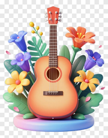 Colorful Guitar Surrounded By Flowers PNG