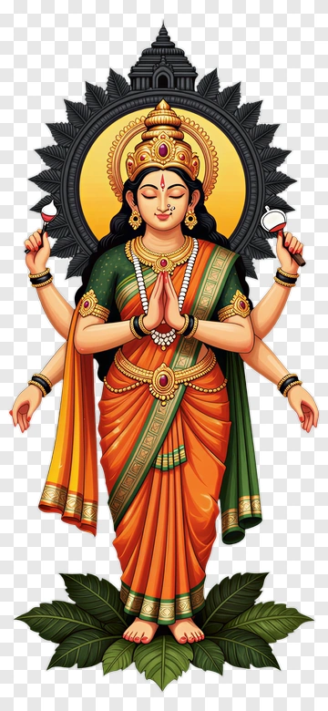 Hindu Goddess With Multiple Arms In Traditional Attire PNG
