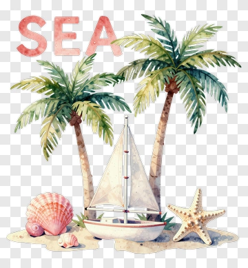 Watercolor Beach Scene With Sailboat And Palm Trees PNG