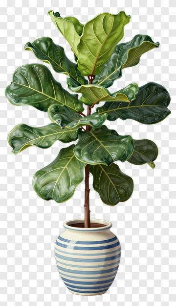 Fiddle Leaf Fig Plant In Striped Pot PNG