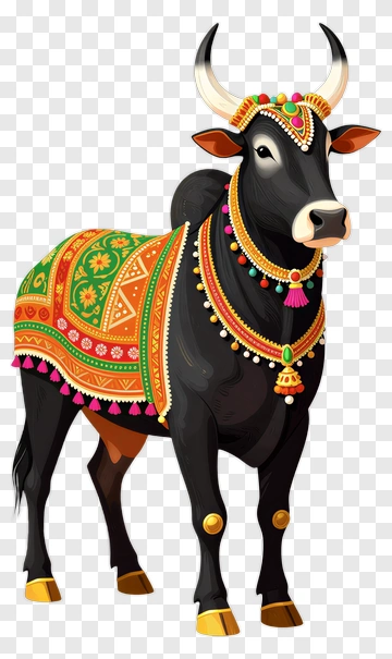 Decorative Black Cow With Traditional Indian Attire PNG