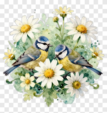 Watercolor Blue Tits Among Daisies PNG