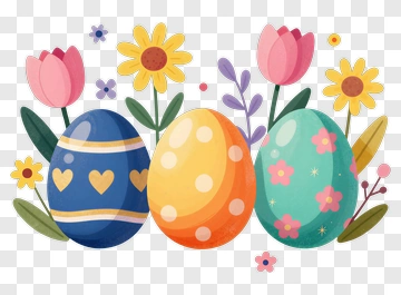 Colorful Easter Eggs Surrounded By Flowers PNG