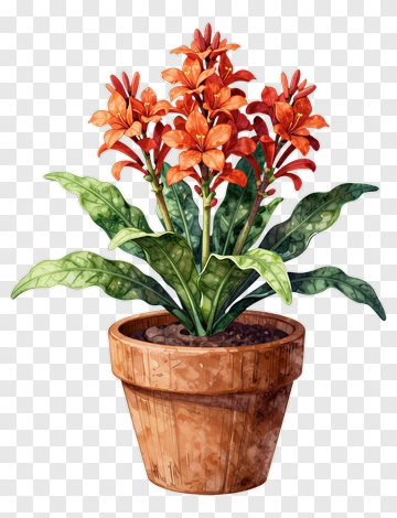 Colorful Flower Pot With Orange Flowers PNG