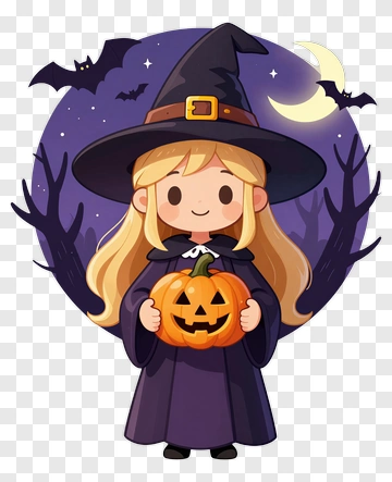 Cartoon Witch Holding A Halloween Pumpkin PNG