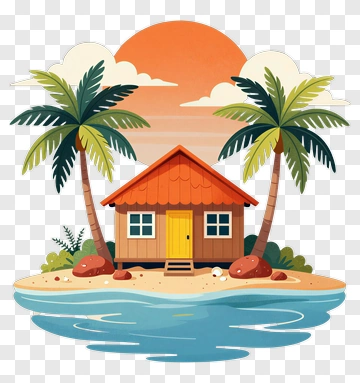 Tropical Island House With Palm Trees And Sunset PNG