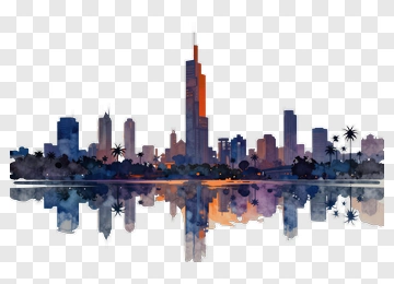 Watercolor City Skyline Reflection PNG