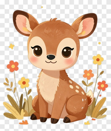 Cartoon Baby Deer Sitting Among Flowers PNG