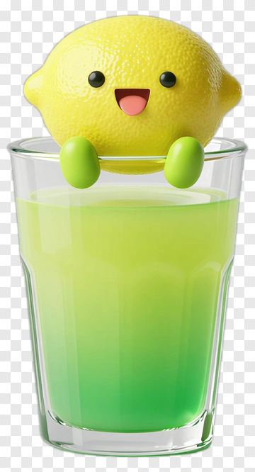 Cartoon Lemon Sitting On A Glass Of Green Drink PNG