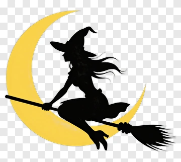 Witch Flying On A Broomstick With A Yellow Moon PNG