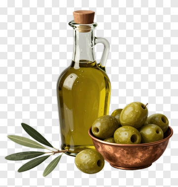 Olive Oil Bottle With Green Olives In A Bowl PNG